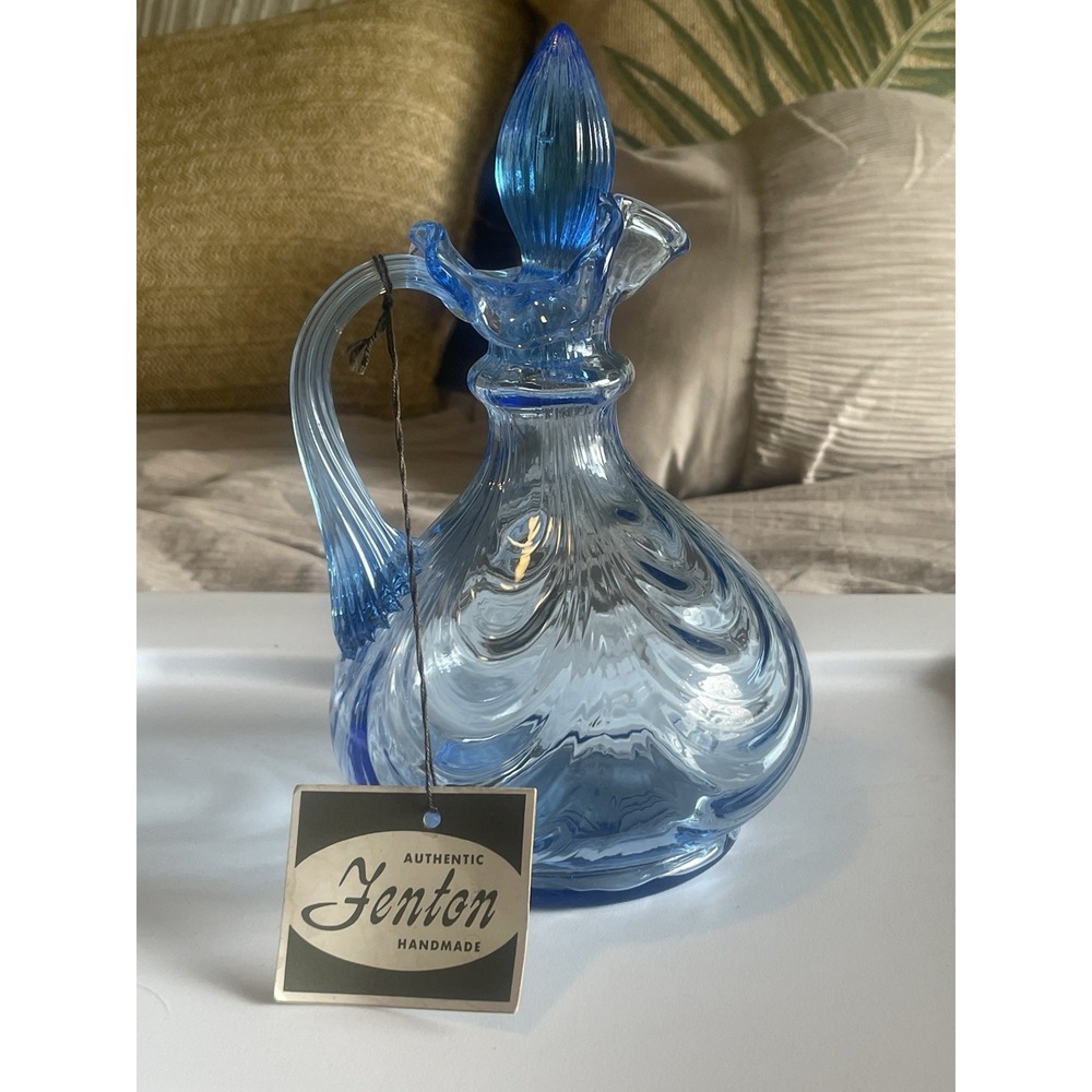 Fenton Salem Blue Drapery Cruet Decanter MCM Vanity Boudoir Grandma Chic Glass